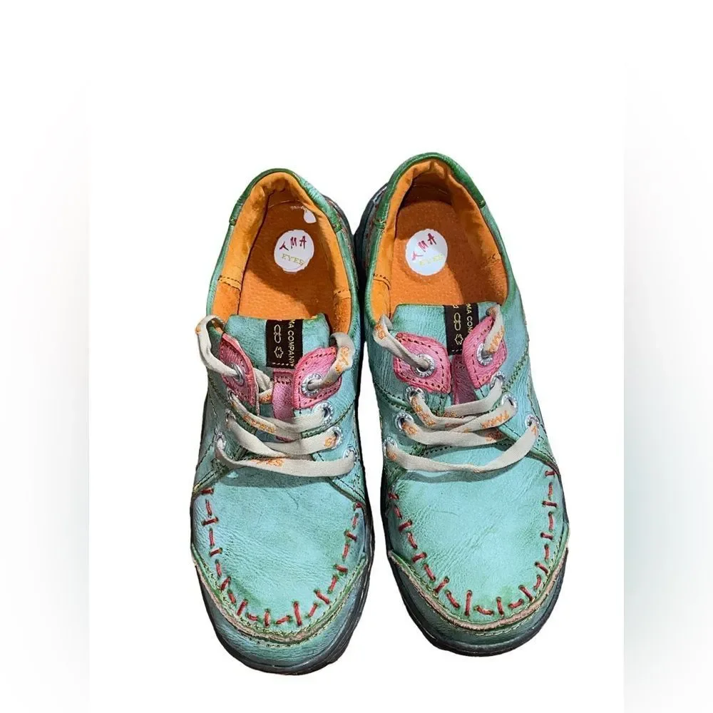 Nice TMA Eyes Womens Shoes Green Low Top Leather Lace Up Moc Toe sz 39 US SIZE 8